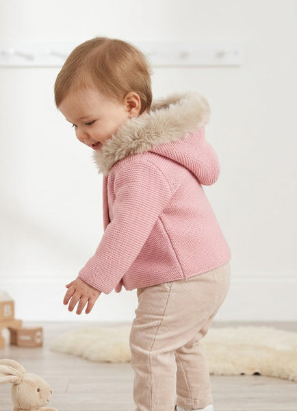 Traditional Baby Girls Dusky Pink Fur Trimmed Knitted Jacket