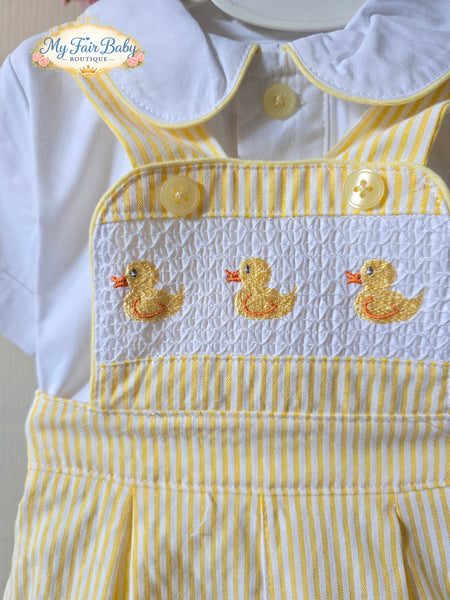 Mabini Baby Boys Traditional Lemon Smocked Easter Duckling Dungarees - 0-18m