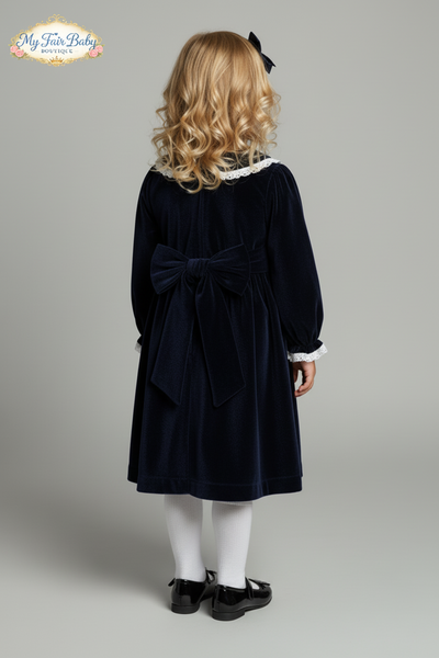 Beau Kid Traditional Girls Navy Velvet Smocked Dress 112219 - 2-7y