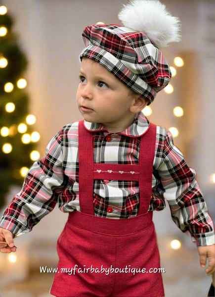 Sonata Infantil AW25 Spanish Baby Boys Red Dungaree & Tartan Shirt Set IN2507 - MADE TO ORDER