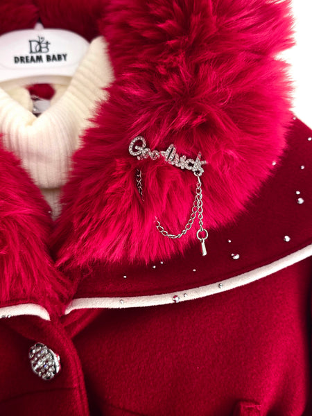 Traditional Girls Red Fur Trimmed Winter Coat & Dress Set ~ 2-11y