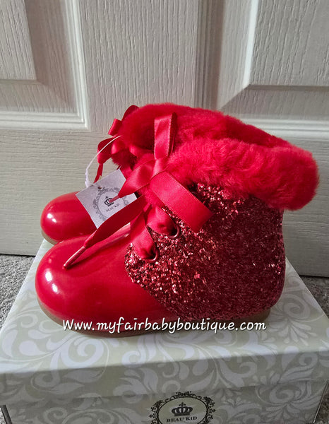 Beau Kid Girls Red Patent & Glitter Ankle Boots