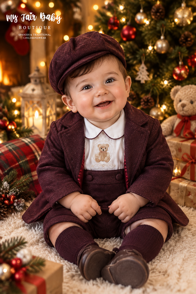 Beau Kid Traditional Baby Boys Red Wine Teddy Romper ~ 0-24m