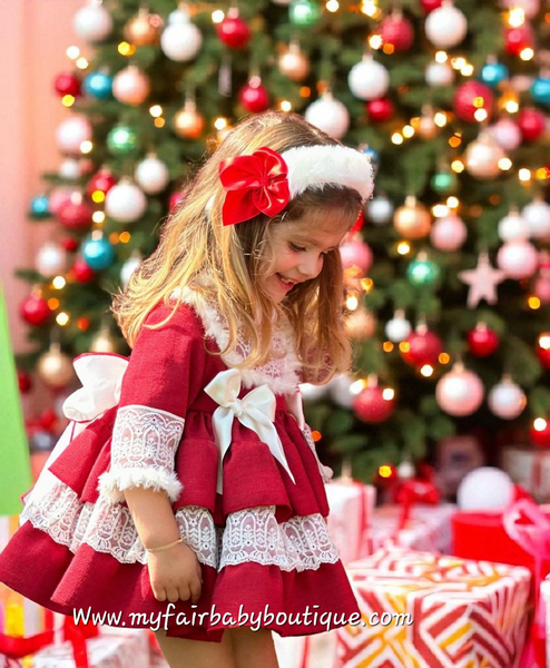 Sonata Infantil AW25 Spanish Girls Red Lace & Fur Puffball Dress IN2506 ~ MADE TO ORDER
