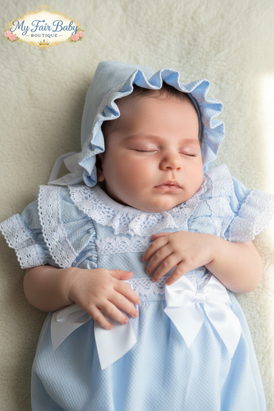 Spanish Baby Girls Blue Waffle Summer Romper & Bonnet Set M002L