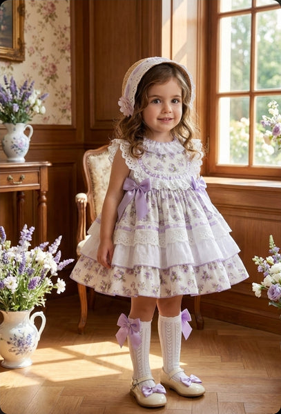 Sonata Infantil SS26 Girls Lilac Floral Puffball Dress VE2609 ~ MADE TO ORDER