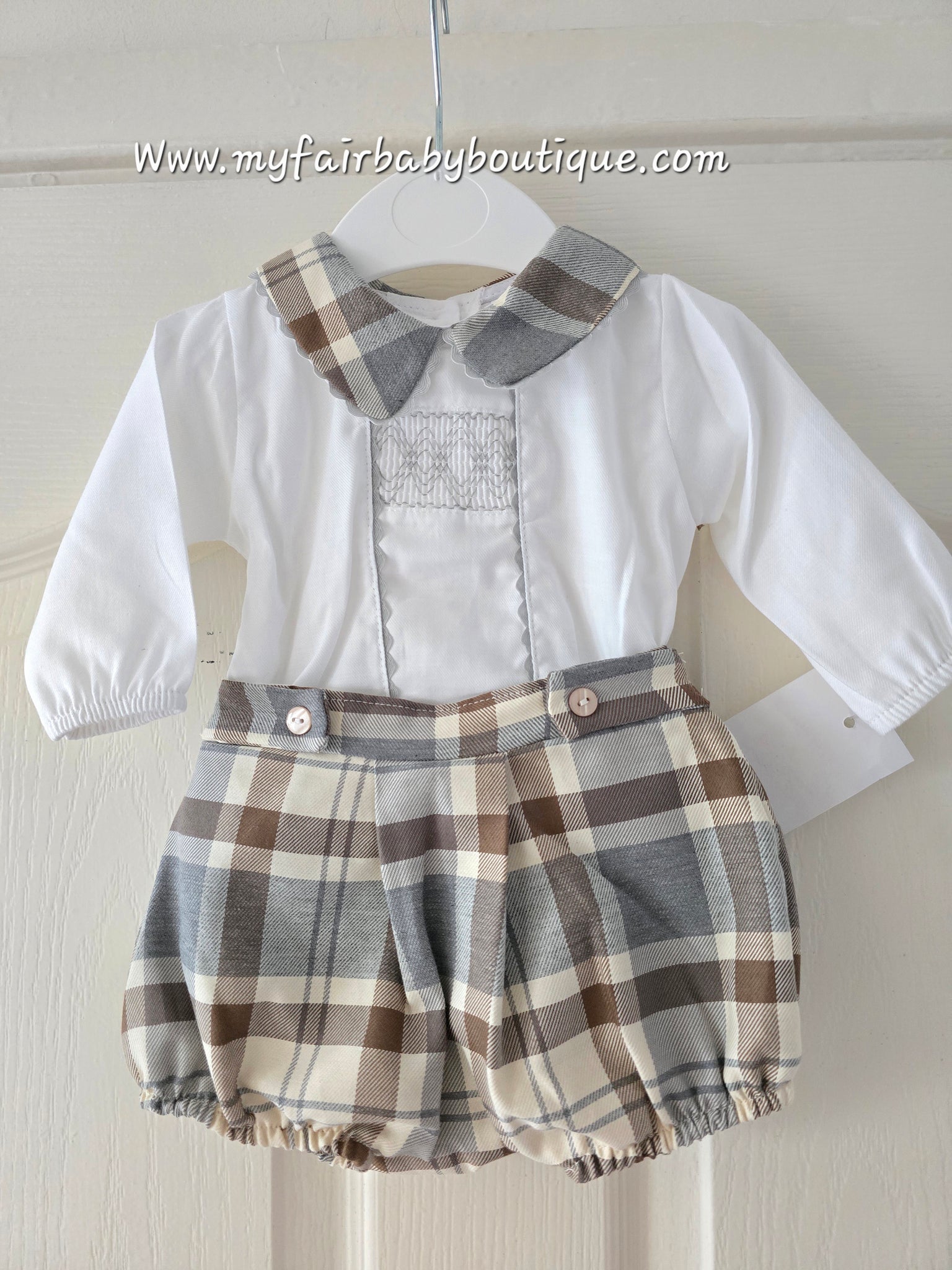 Spanish Baby Boys Camel & Grey Check Short Set - 3-36m