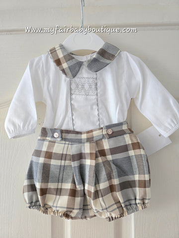 Spanish Baby Boys Camel & Grey Check Short Set - 3-36m