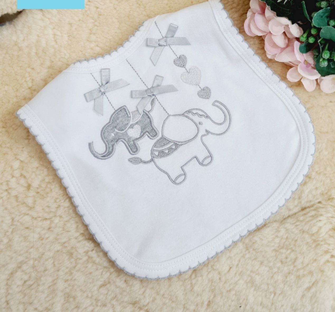 Unisex Baby White & Grey Elephant Bib