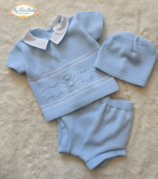 Spanish Baby Boys Blue Knitted Jam Pant 3pc Set ~ 0-3m