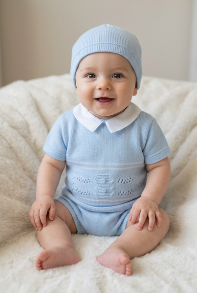 Spanish Baby Boys Blue Knitted Jam Pant 3pc Set ~ 0-3m