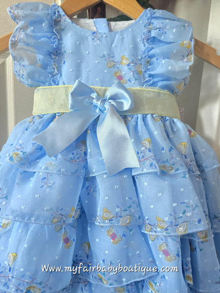 Sonata Older Girls Blue & Lemon Butterfly Puffball Dress & Headband Set ~ 4,8y