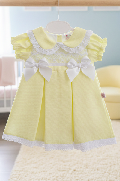 Spanish Baby Girls Lemon Pique Pleated Dress V004L