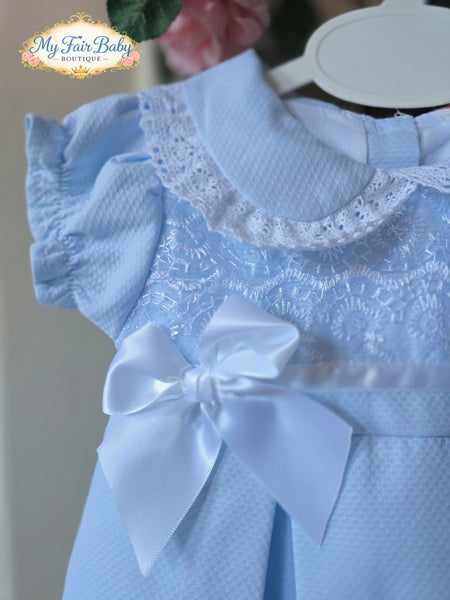Spanish Baby Girls Blue Pique Pleated Dress V004B