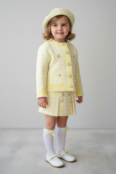 Traditional Girls Lemon Houndstooth Skirt & Jacket Set