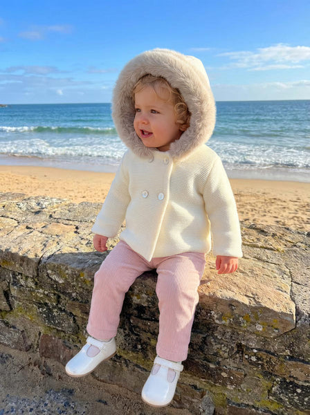 Traditional Unisex Baby Ivory Fur Trimmed Knitted Jacket