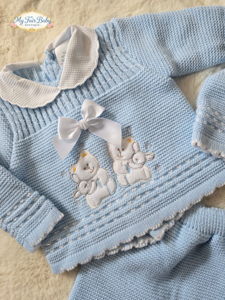 Spanish Baby Boys Blue Knitted Teddy 3pc Set ~ 0-3m