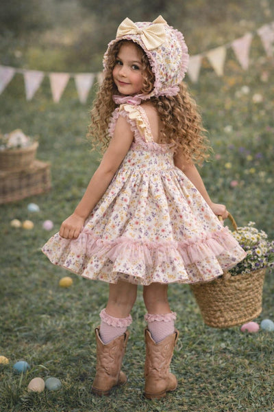 Ela Confeccion SS26 Girls Lemon Floral Puffball Apron Dress - MADE TO ORDER