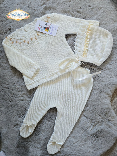 Spanish Creaciones Gavidia Unisex Baby Cream & Camel Knitted 3pc Lace Set 6208