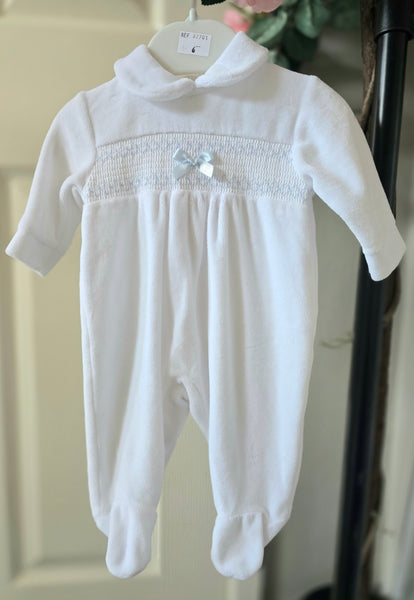 Spanish Baby Boys White & Blue Smocked Velour Sleepsuit Newborn ~ imperfect