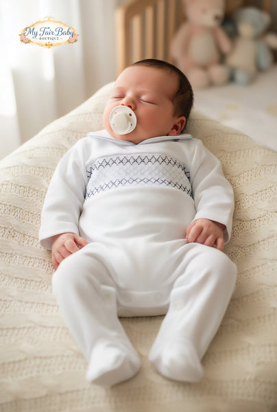 Spanish Baby Boys White Smocked Cotton Sleepsuit/Babygrow
