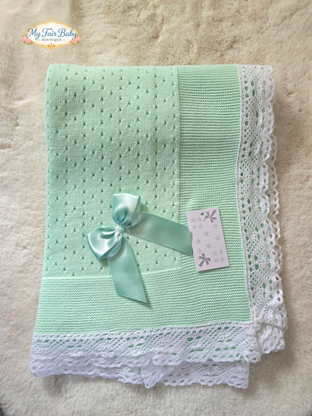 Spanish Unisex Baby Mint Green Lace Trimmed Shawl / Blanket