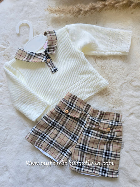 Spanish Baby Boys Beige Tartan Short & Jumper Set - 3-36m
