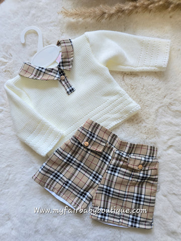 Spanish Baby Boys Beige Tartan Short & Jumper Set - 3-36m