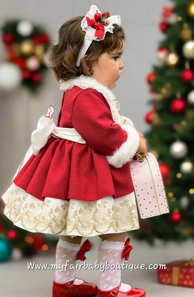 Sonata Infantil AW25 Spanish Girls Red & Gold Lace Christmas Puffball Dress IN2512 ~ MADE TO ORDER