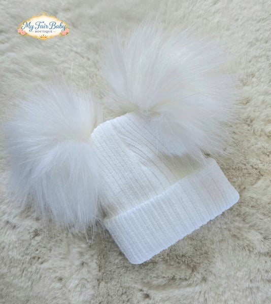 Traditional Unisex Baby White Double Fur Pom Pom Hats