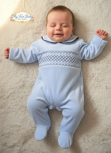 Spanish Baby Boys Blue Smocked Velour Sleepsuit/Babygrow