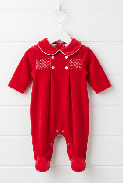 Spanish Unisex Baby Red Smocked Velour Sleepsuit/Babygrow SG254 ~ NB-1m