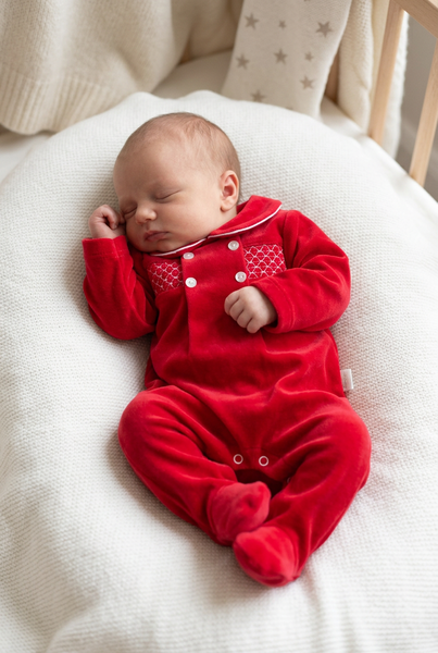 Spanish Unisex Baby Red Smocked Velour Sleepsuit/Babygrow SG254 ~ NB-1m