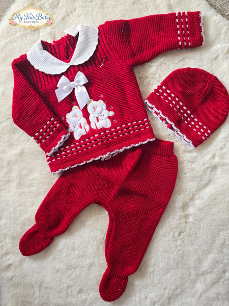 Spanish Unisex Baby Red Knitted Teddy 3pc Set ~ 0-3m