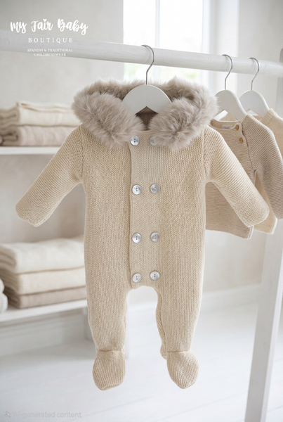Traditional Unisex Baby Beige Knitted Snowsuit/Pramsuit