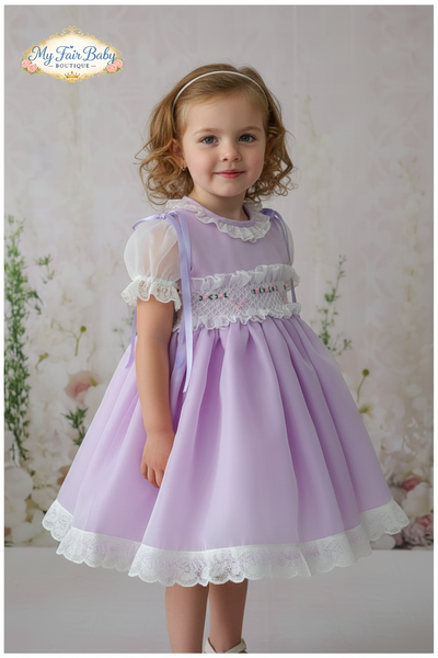 Sonata Infantil Spanish Girls Lilac Organza Smocked Puffball Dress VE2201 - MADE TO ORDER