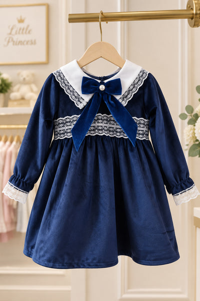 Spanish Girls Navy Velvet Lace Trimmed Bow Dress ~ 1-5y