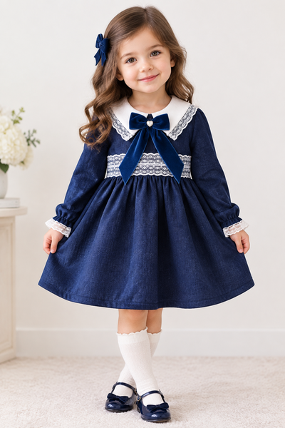 Spanish Girls Navy Velvet Lace Trimmed Bow Dress ~ 1-5y