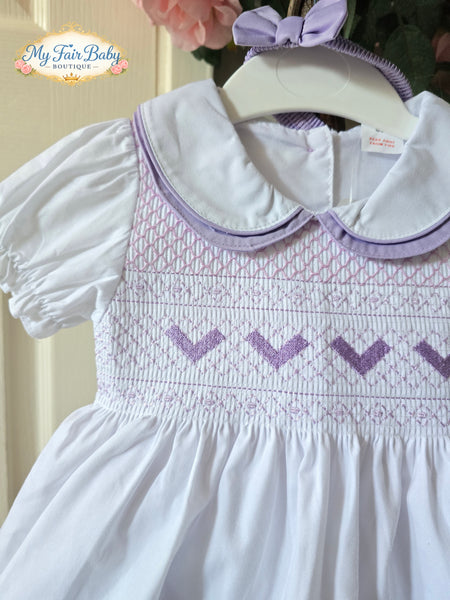 Mabini Traditional Girls White & Lilac Smocked Dress Set