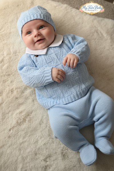 Spanish Baby Boys Blue Knitted 3pc Set ~ 0-3m