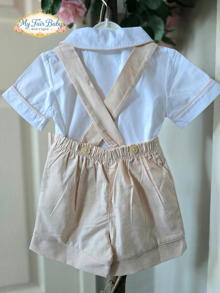 Mabini Traditional Boys Cream Smocked Teddy Dungaree Set 6373 ~ 0-4y