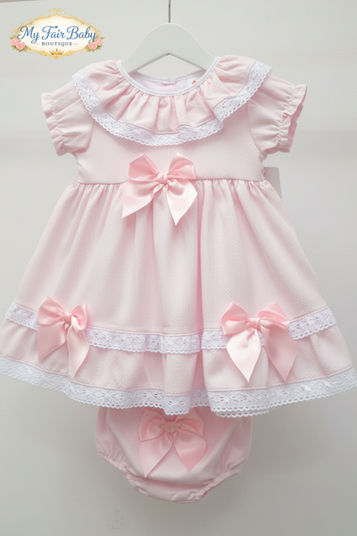 Spanish Girls Pink Waffle Bow & Lace Dress V004 ~ 3-36m