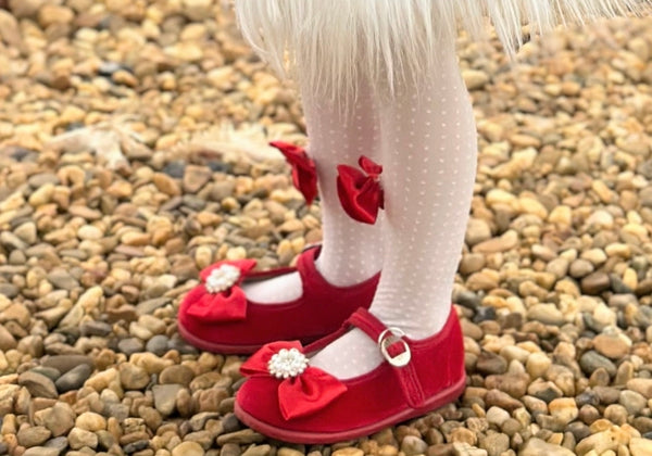 Sonata Infantil Spanish Girls Red Velvet Bow Shoes - 6 Bow Colours ~ MADE TO ORDER