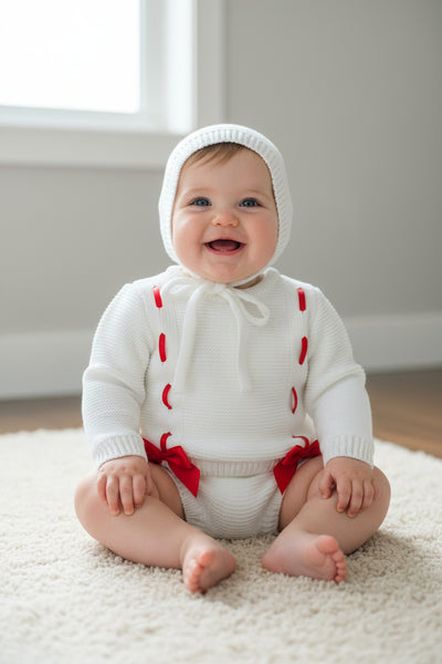 Spanish Baby Girls White & Red Knitted Bow Jam Pant 3pc Set