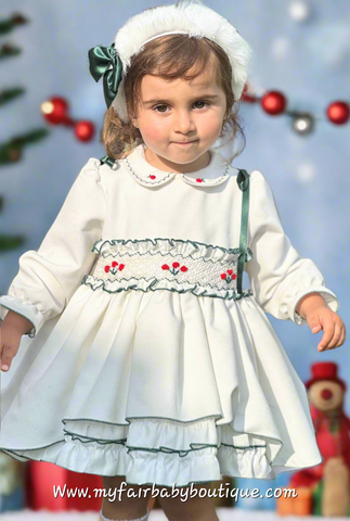 Sonata Infantil AW25 Spanish Girls White & Green Velvet Smocked Puffball Dress IN2510 ~ MADE TO ORDER