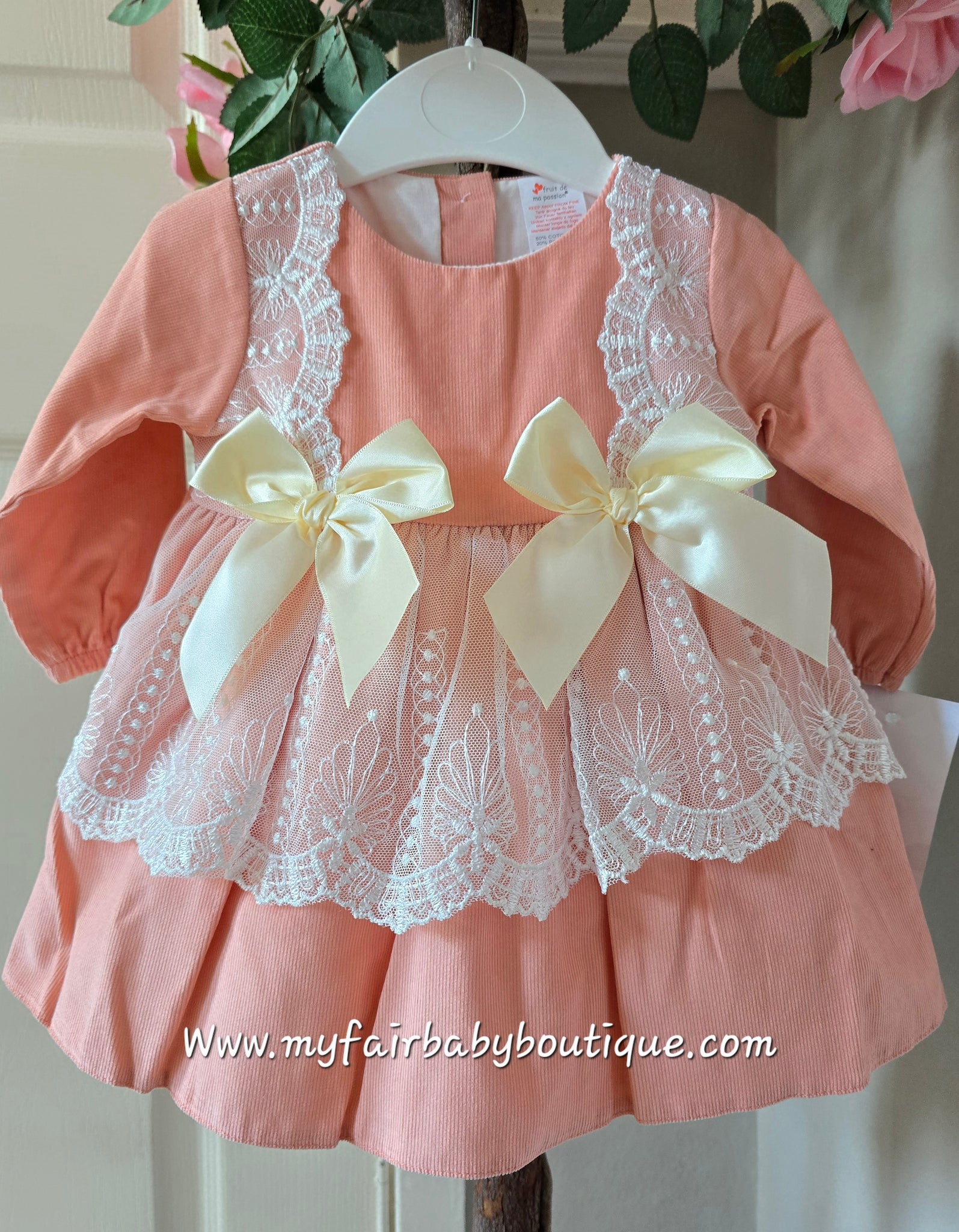 Spanish Baby Girls Peach & Cream Lace Dress ~ 3-36m
