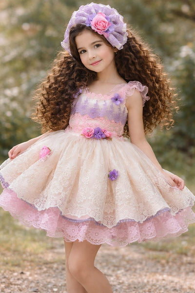 Ela Confeccion SS26 Girls Pink & Lilac Lace Eloise Puffball Dress - MADE TO ORDER