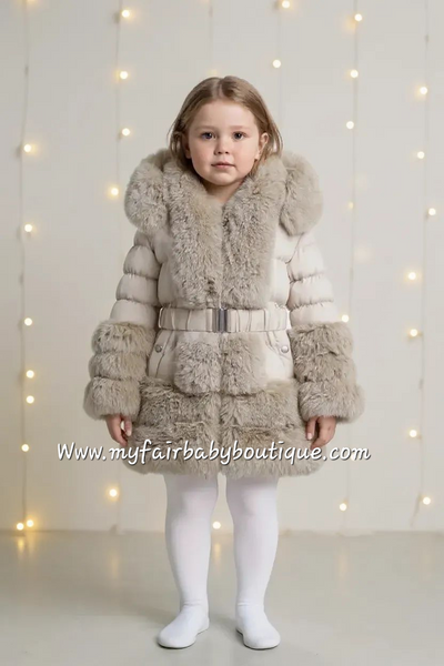 Girls Beige Hooded Fur Puffer Coat/Jacket - 1-6y