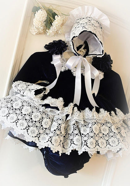 Ela Confeccion AW26 Spanish Girls Navy Lace Trimmed Puffball Dress - MADE TO ORDER