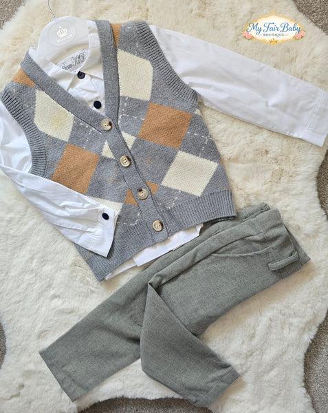 Beau Kid Traditional Boys Grey Argyle Tank Top 3pc Set 2817 ~ 1-7y